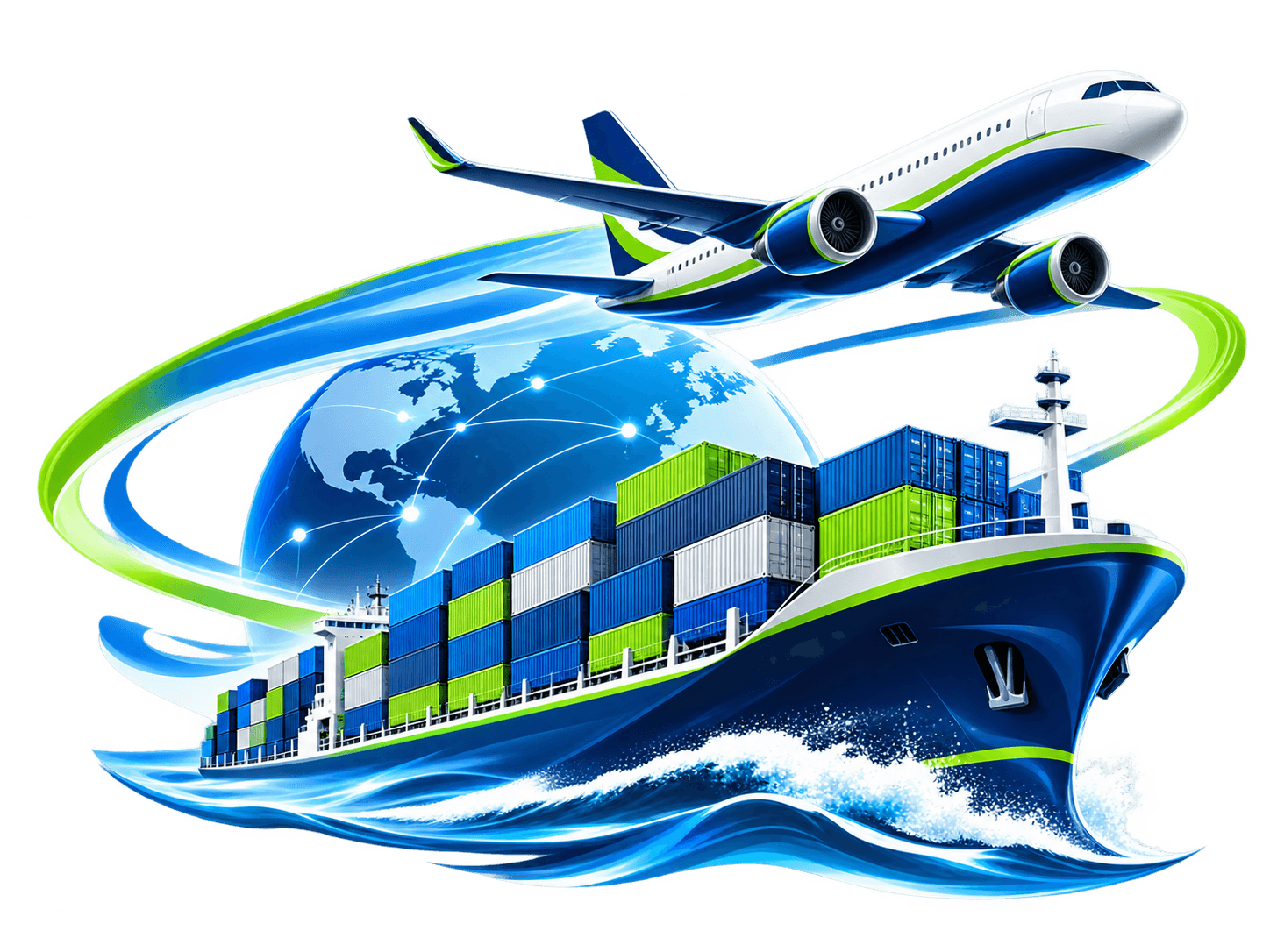 A ShipBlitz cargo ship and aircraft circling the globe